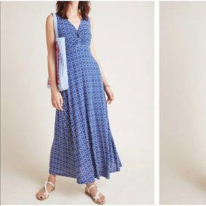 Maeve Camilla Blue Ikat Ruched Maxi Dress Size L - Anthropologie